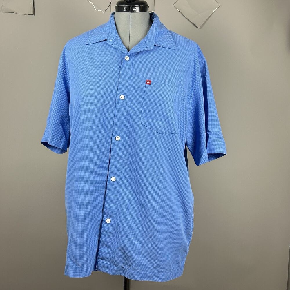 Quiksilver Button-Up Shirt Men’s L Blue Check Short Sleeve Spread Collar N109574